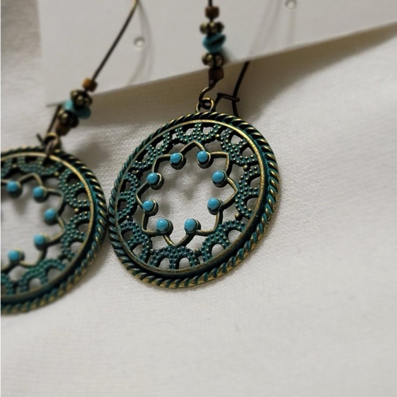 Vintage Bohemian Turquoise Bronze Retro Hook Dangle Earrings - Picture 3 of 5